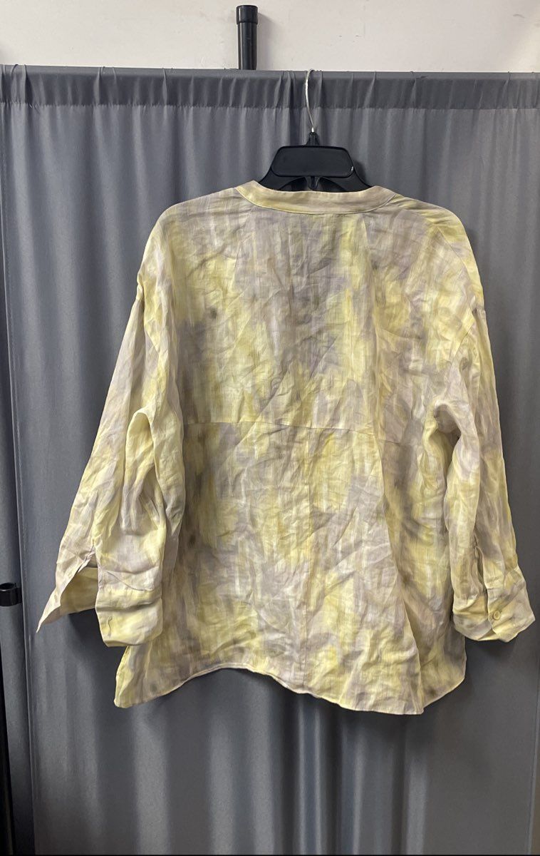Zara Women's 2-Piece Set Yellow Gray Watercolor Shirt Wide Leg Pants Sz XL