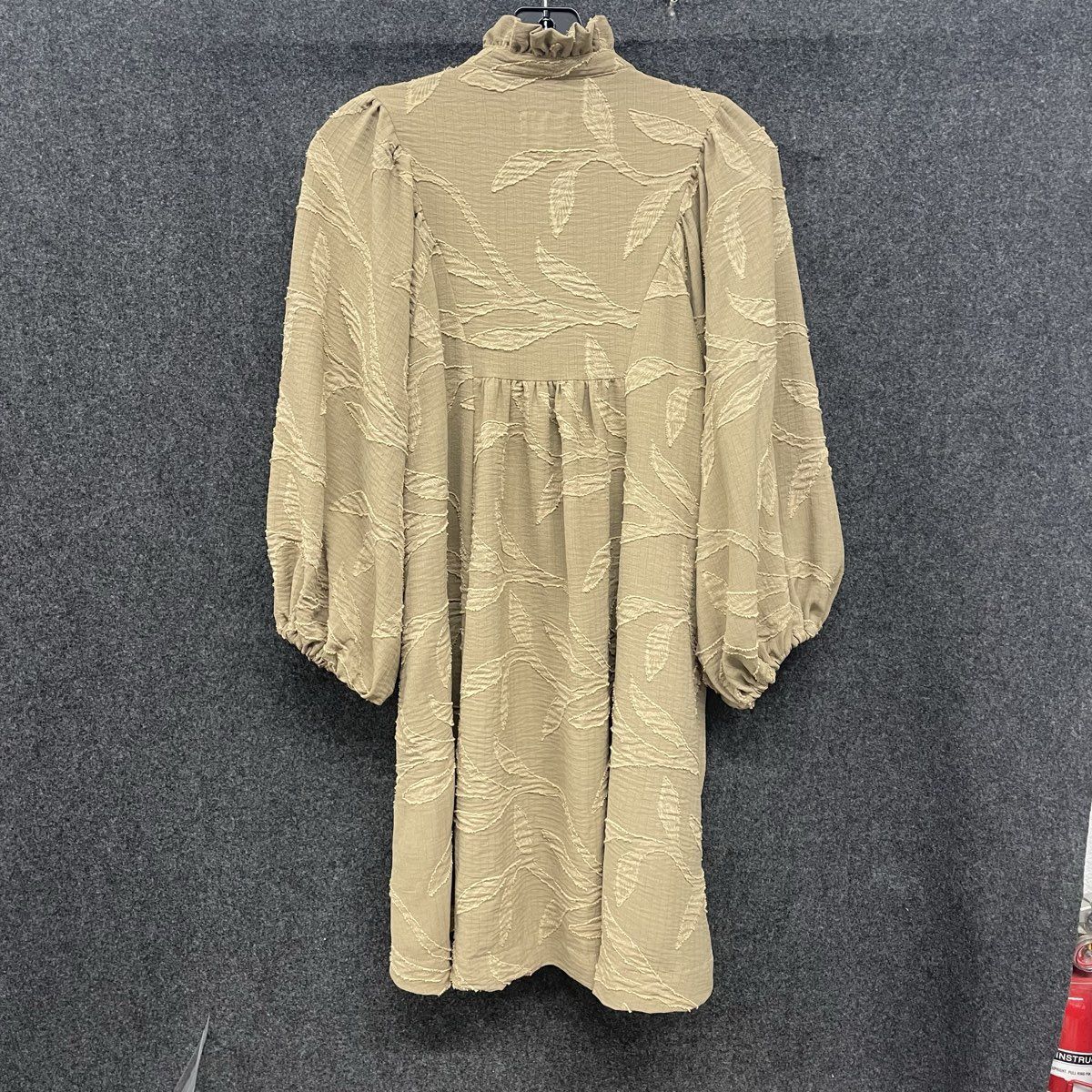 Umgee Women's Tan Jacquard Ruffle High Neck Balloon Sleeve Boho Dress Sz S
