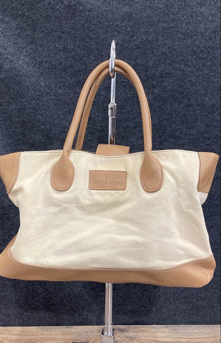 Etienne Aigner Beige Canvas Tan Leather Trim Shoulder Tote Bag Handbag