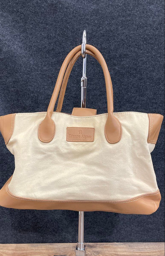 Etienne Aigner Beige Canvas Tan Leather Trim Shoulder Tote Bag Handbag