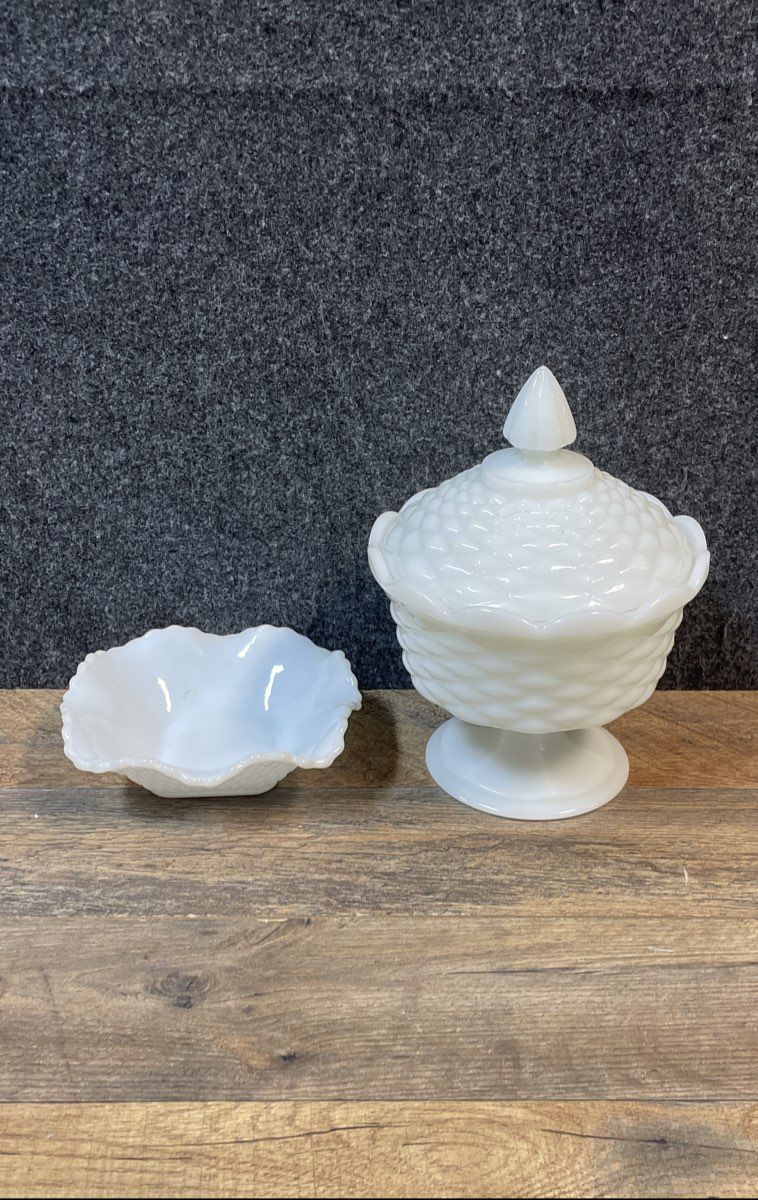 Pressed Milk Glass White Lot 2 Lidded Candy Dish & Small Ruffled Bowl Vintage