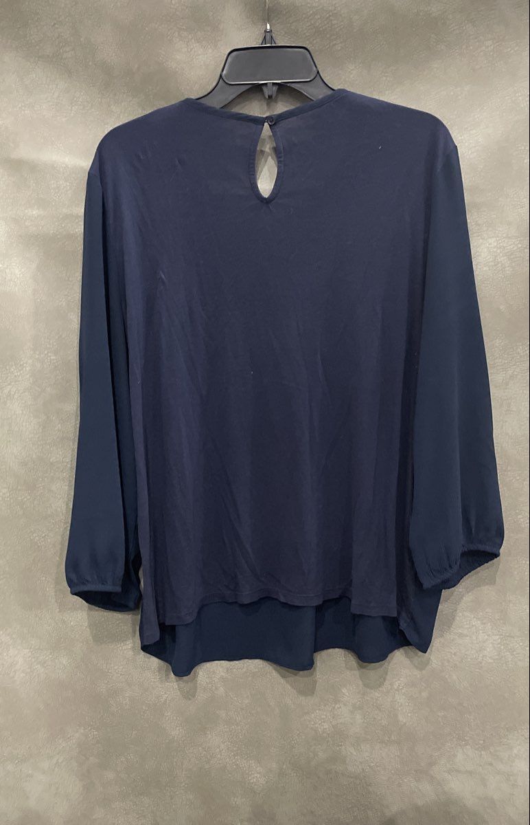LOFT Outlet Women's Navy Blue Mixed Media Blouse Embroidered Trim Keyhole Sz L