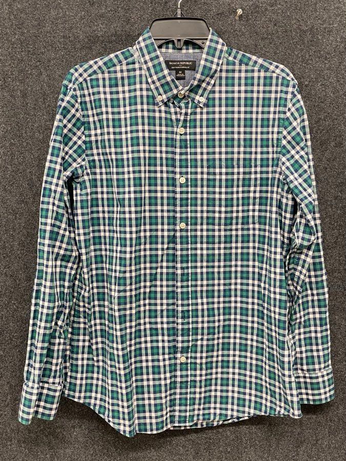 Banana Republic Men's Green Navy Plaid Soft Wash Standard Fit Shirt Size M