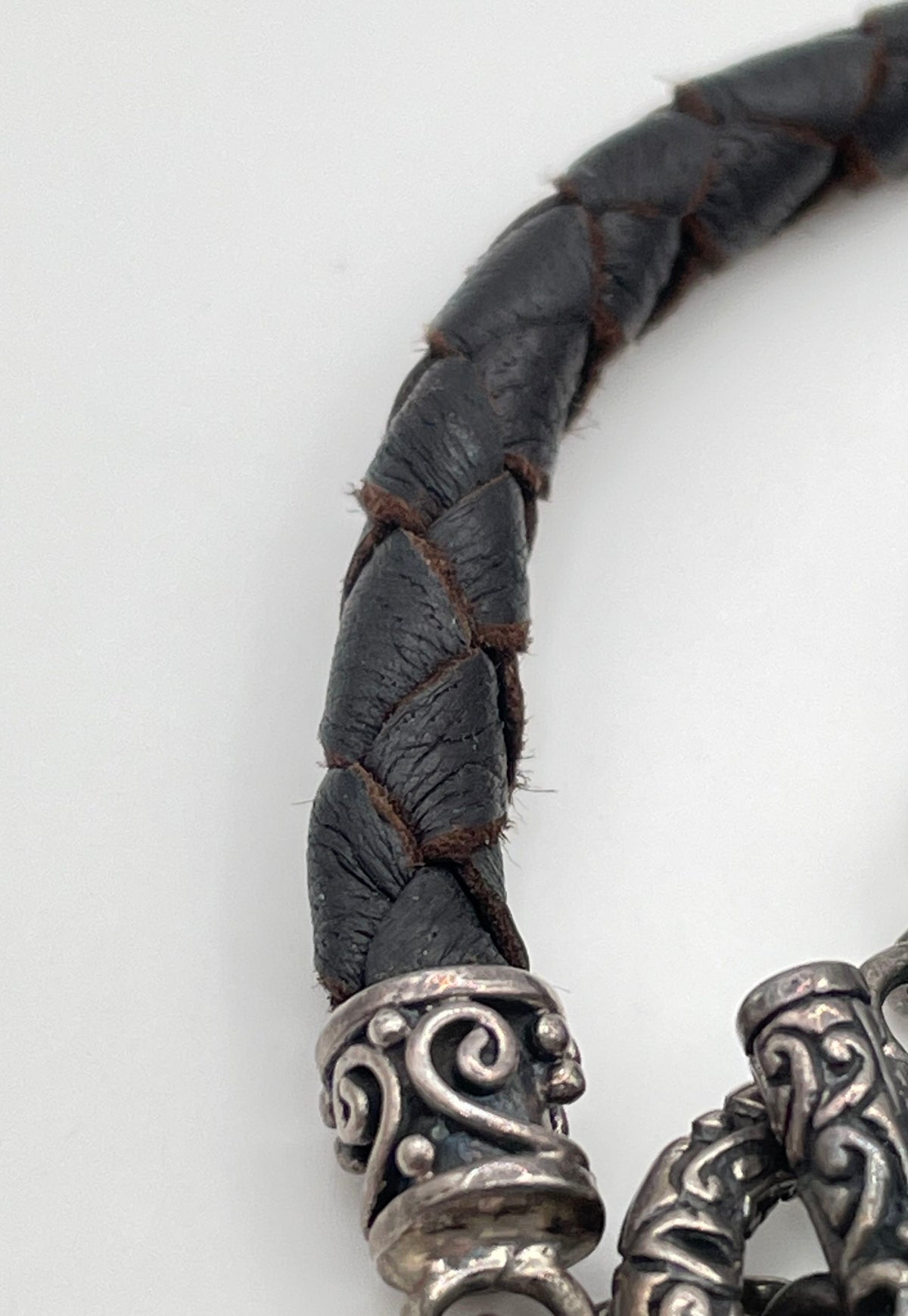 925 Sterling Silver Filigree Tube Bead & Clasp Braided Leather Necklace 15.9g