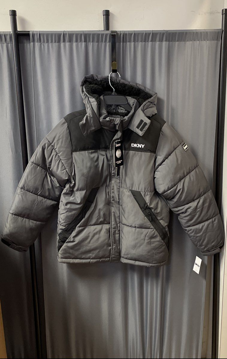 DKNY Youth Charcoal Gray Puffer Parka Jacket Sherpa Hood Insulated NWT XL 18/20