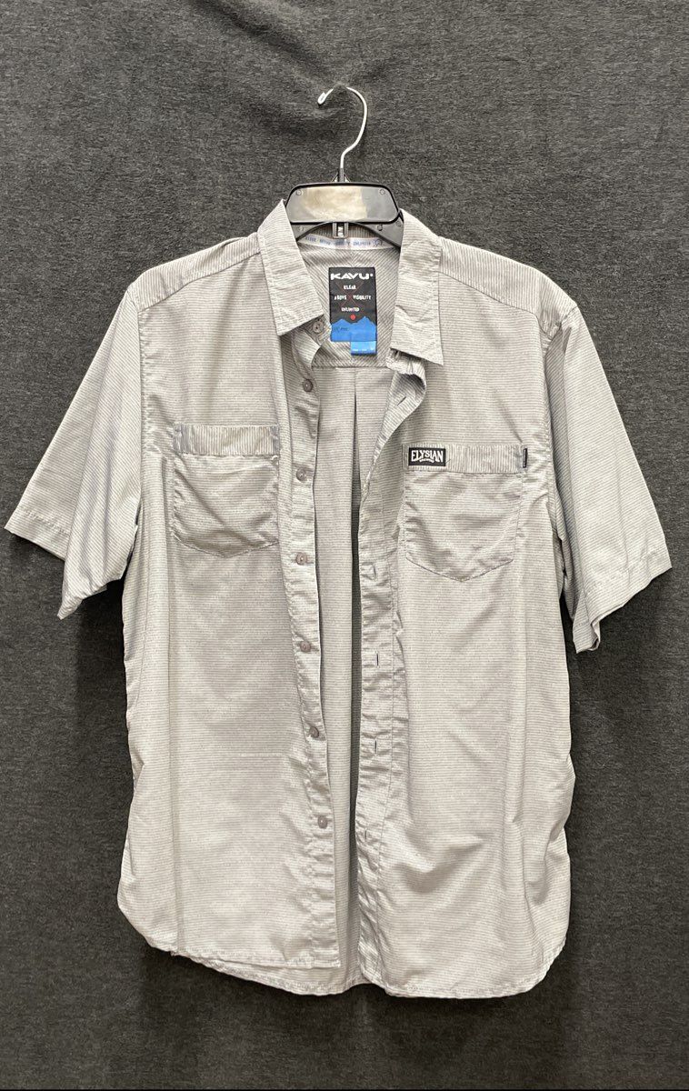 Kavu Men's Gray Micro Stripe Short Sleeve Button Down Shirt Elysian Brewing Sz M