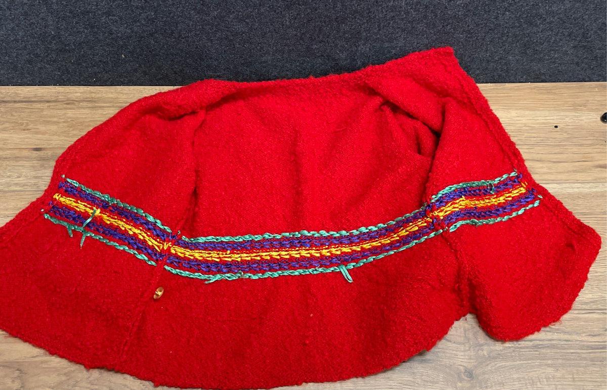 Vintage 90s Women's Red Ribbon Embroidered Boucle Knit Cardigan Sweater