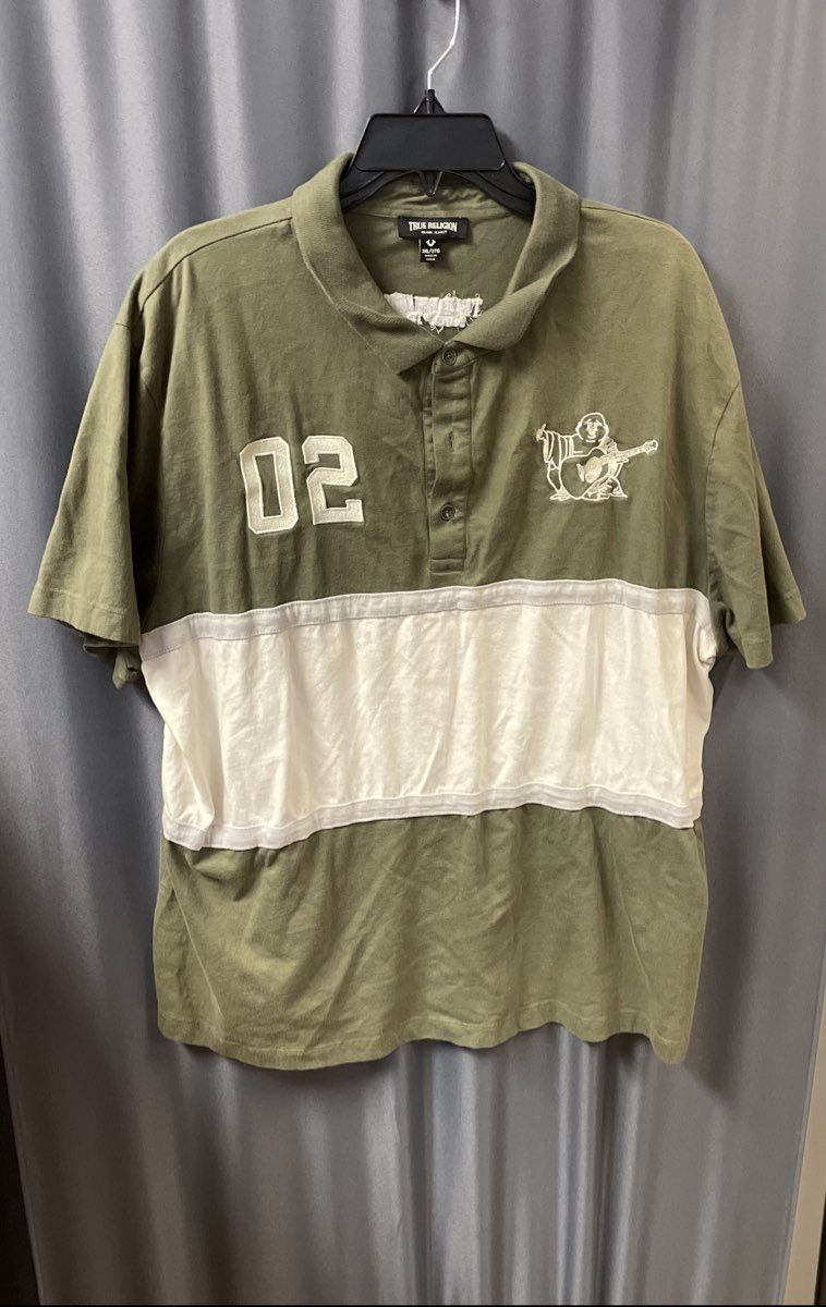 True Religion Men's Green White Stripe Embroidered Buddha Polo Shirt Sz 3XL