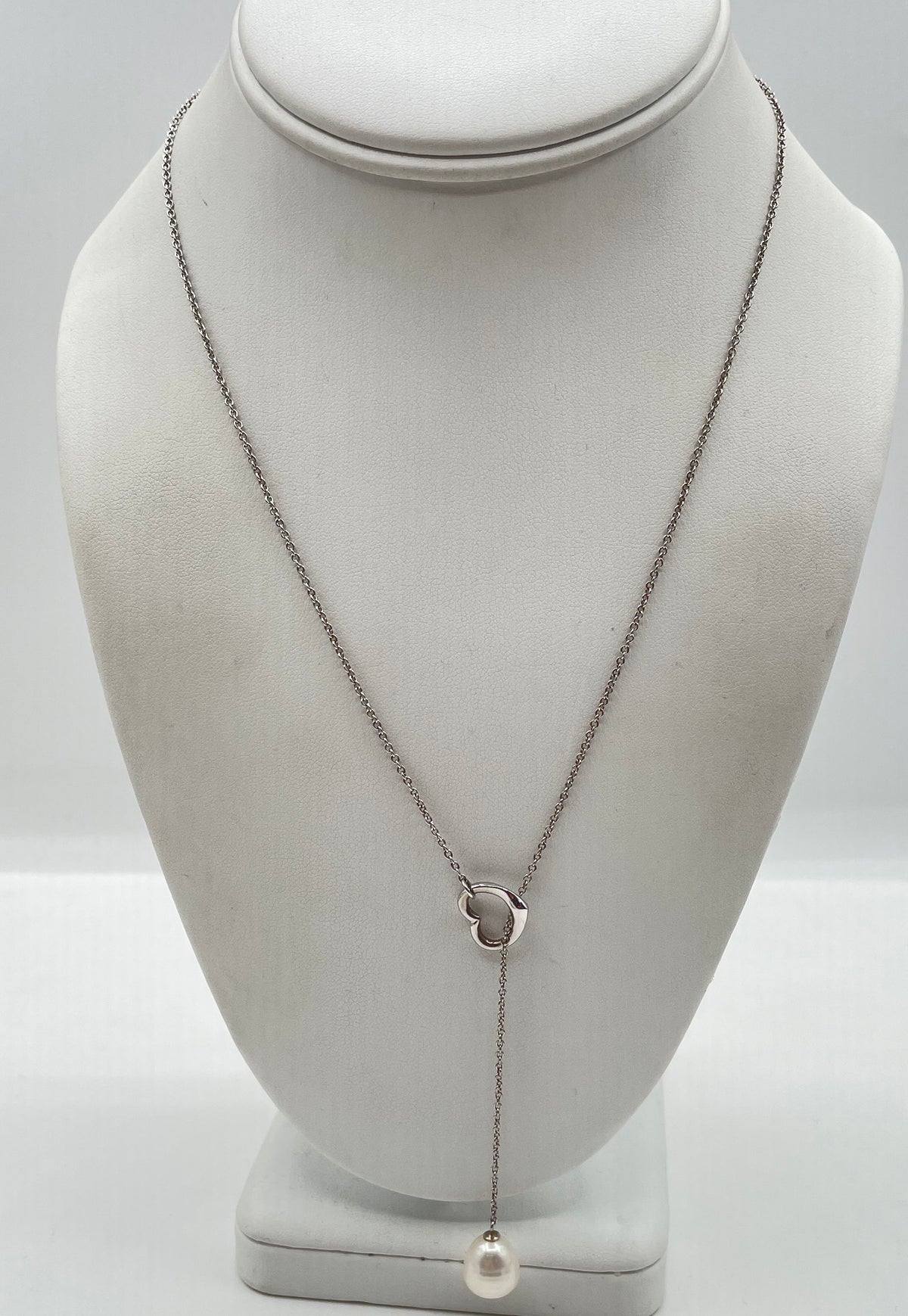 925 Sterling Silver Open Heart Pearl Lariat Necklace 5.1g