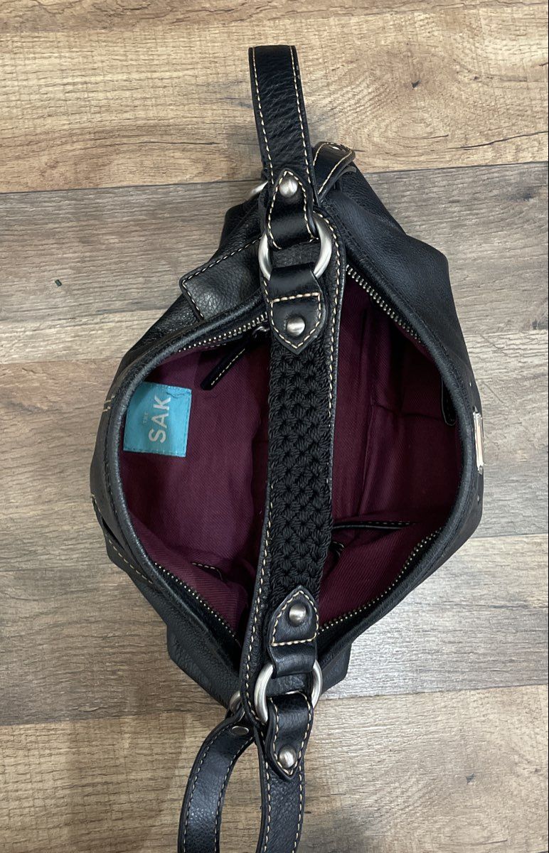 The Sak Black Leather Hobo Shoulder Bag Contrast Stitch Silver Hardware
