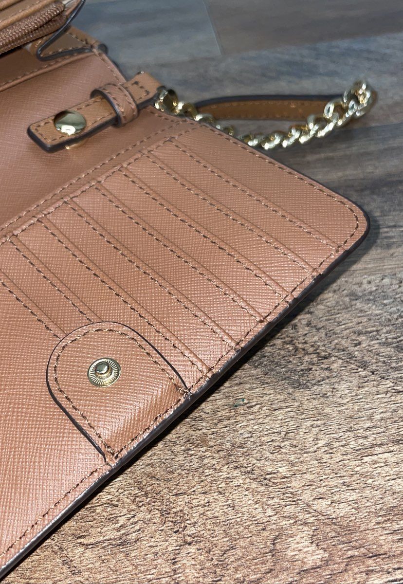 Michael Kors Brown Saffiano Leather Crossbody Bag Gold Hardware Wallet on Chain