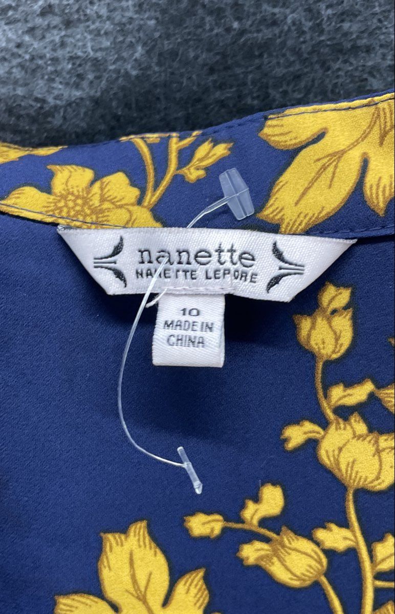 Nanette Nanette Lepore Women's Navy Gold Floral Pleated V-Neck Dress Sz 10 NWT
