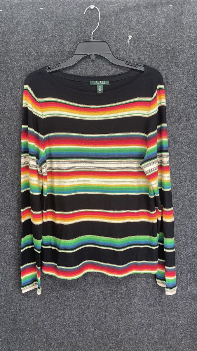 Lauren Ralph Lauren Women's Black Rainbow Serape Stripe Boat Neck Top Sz XL