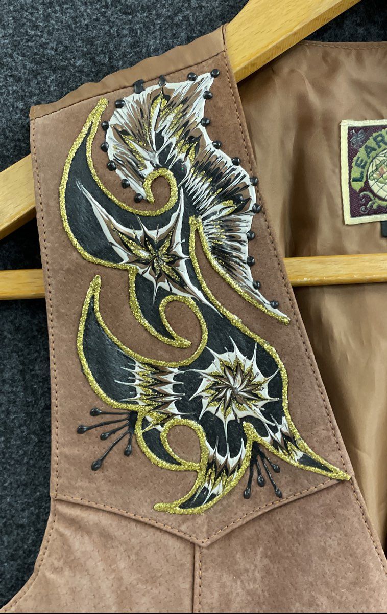 Learsi Women's Tan Brown Painted Glitter Western Artistic Suede Vest Sz M