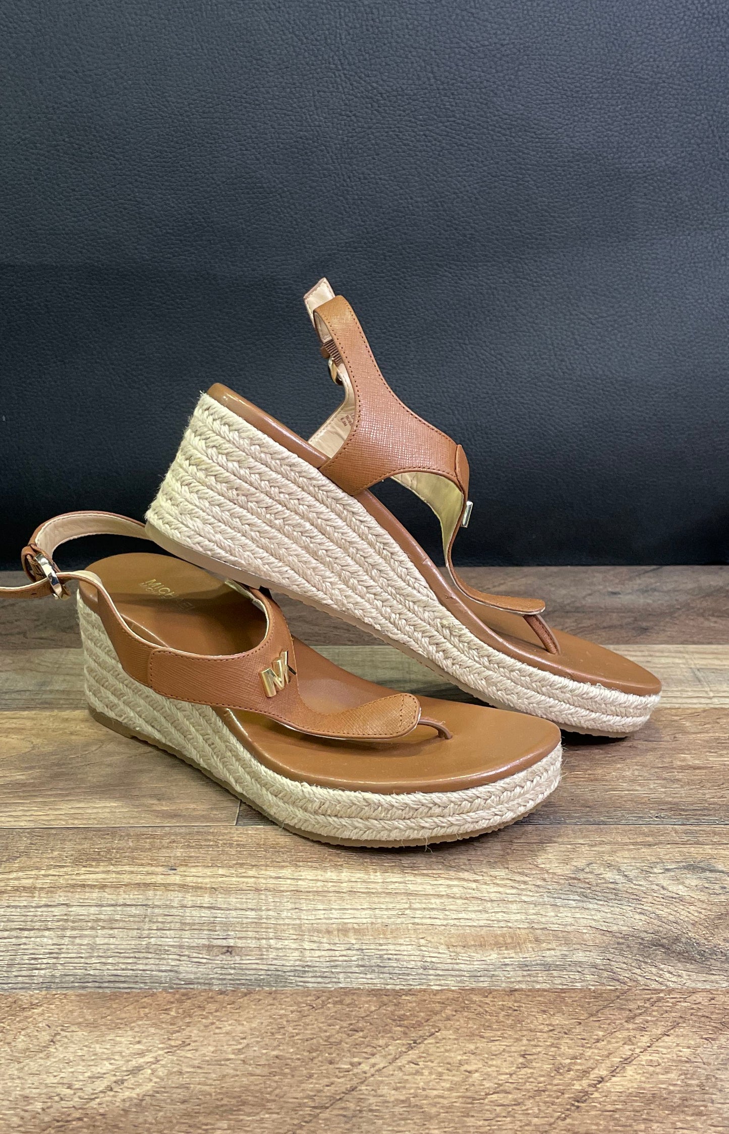 Michael Kors Kendrick Luggage Brown Leather Espadrille Wedge Sandals Size 6.5M