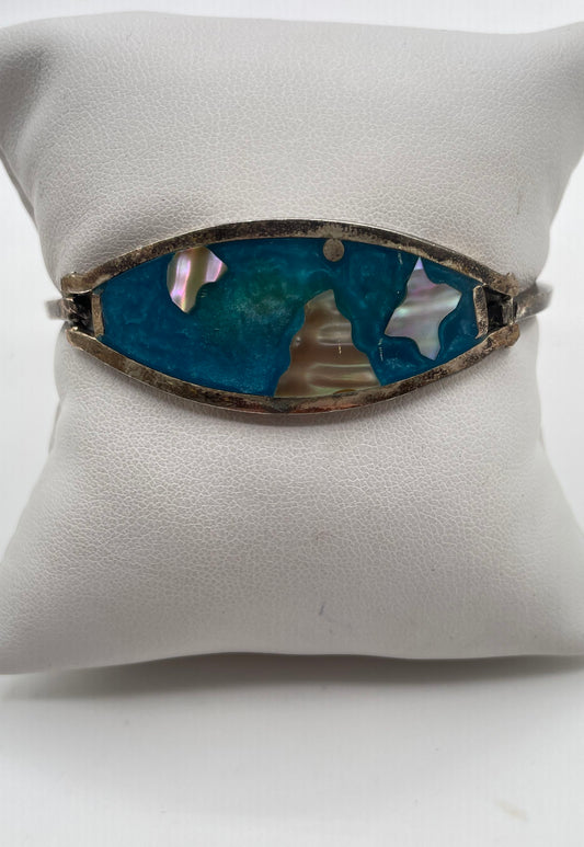 Alpaca Silver Mother Of Pearl Blue Resin Bangle Bracelet Mexico Marked 12.4g