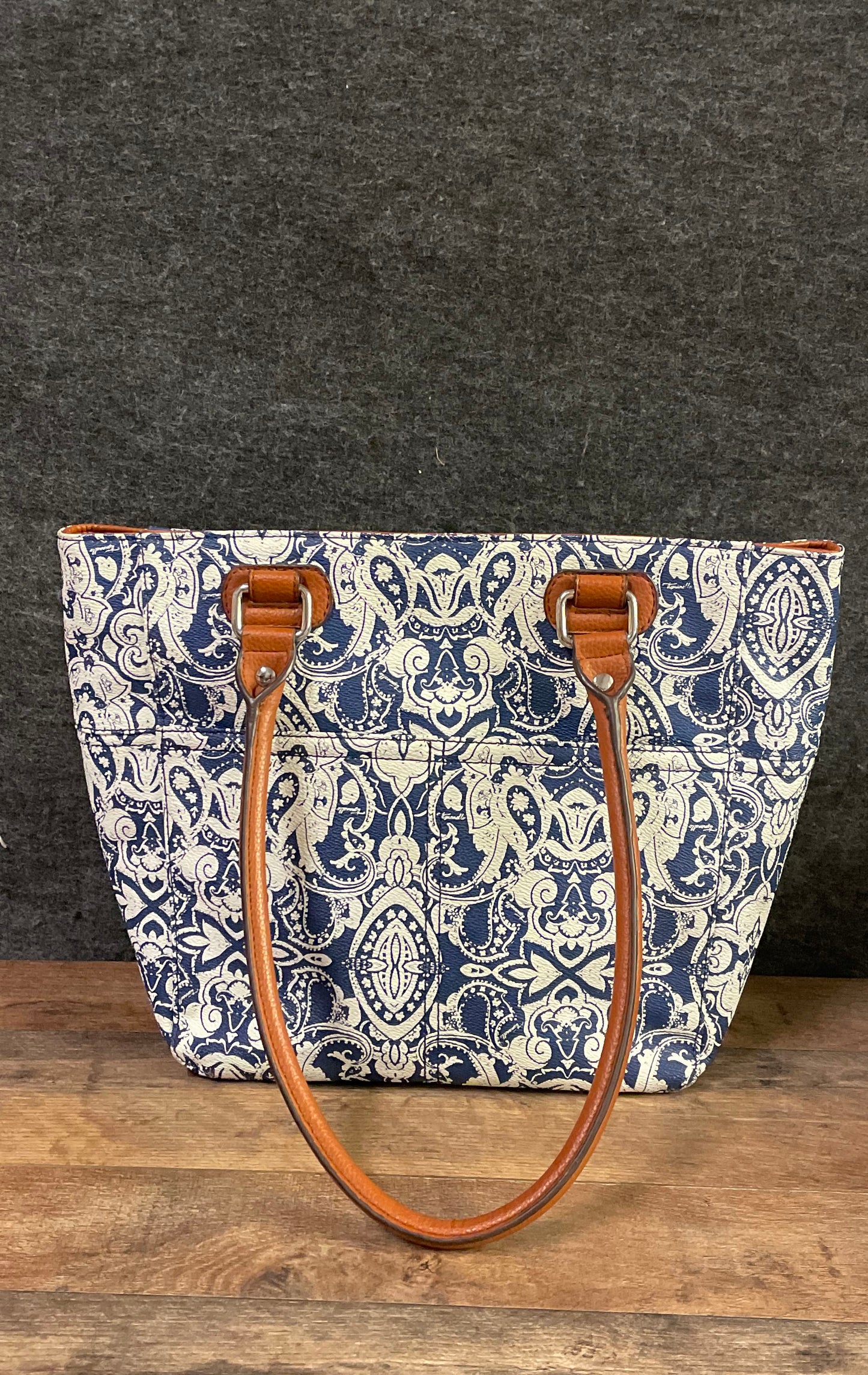Tignanello Tote Handbag Lot of 2 Blue Paisley Brown Leather Silver Hardware