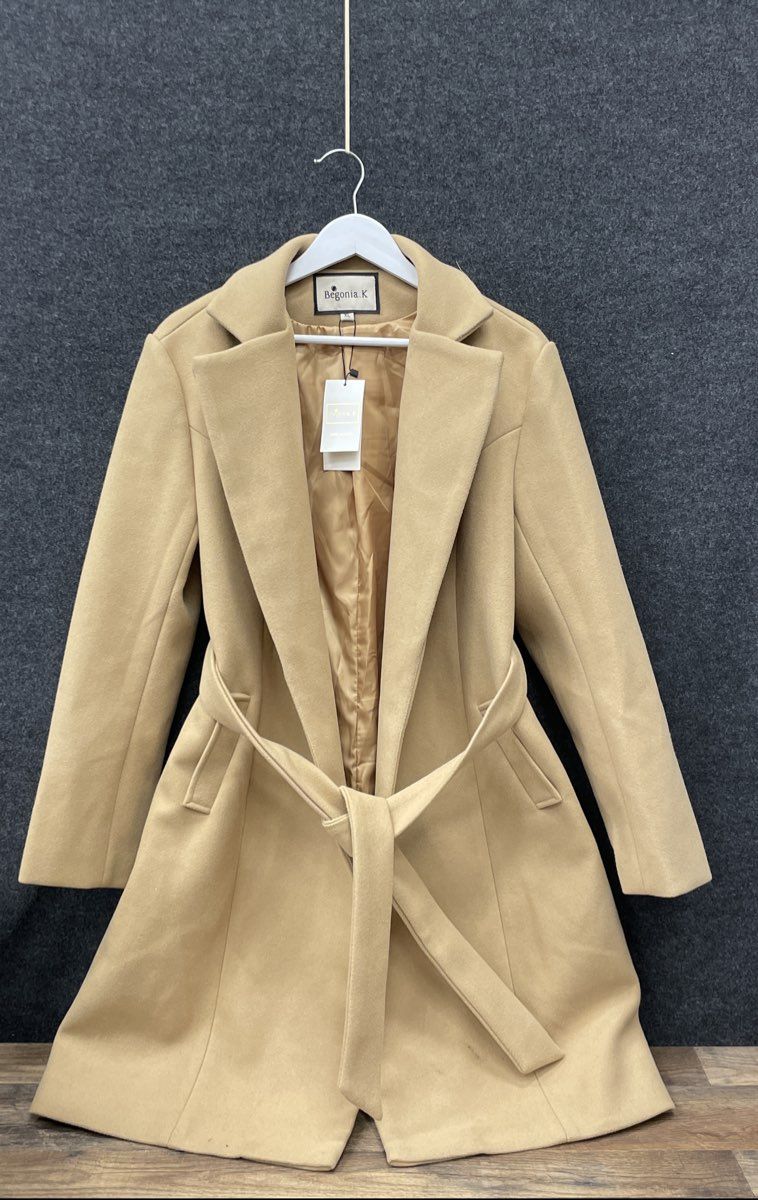 Begonia.K Women's Tan Camel Belted Overcoat Jacket Notched Lapel NWT Sz XL
