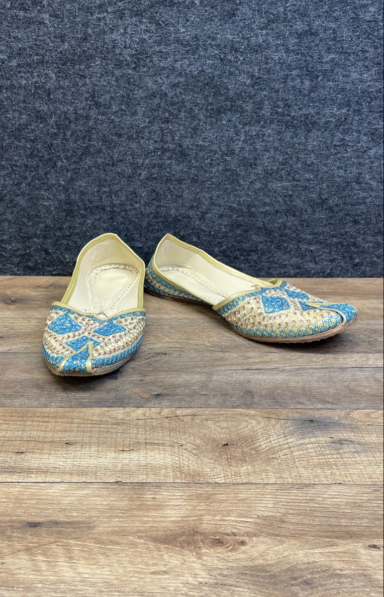 Handmade Indian Jutti Mojari Blue Gold Cream Embroidered Leather Flats Size 11"
