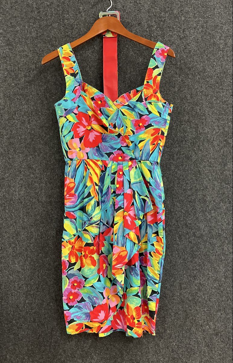 Vintage 90s Eklektic Petites Women's Floral Tropical Cotton Belted Dress Sz 8