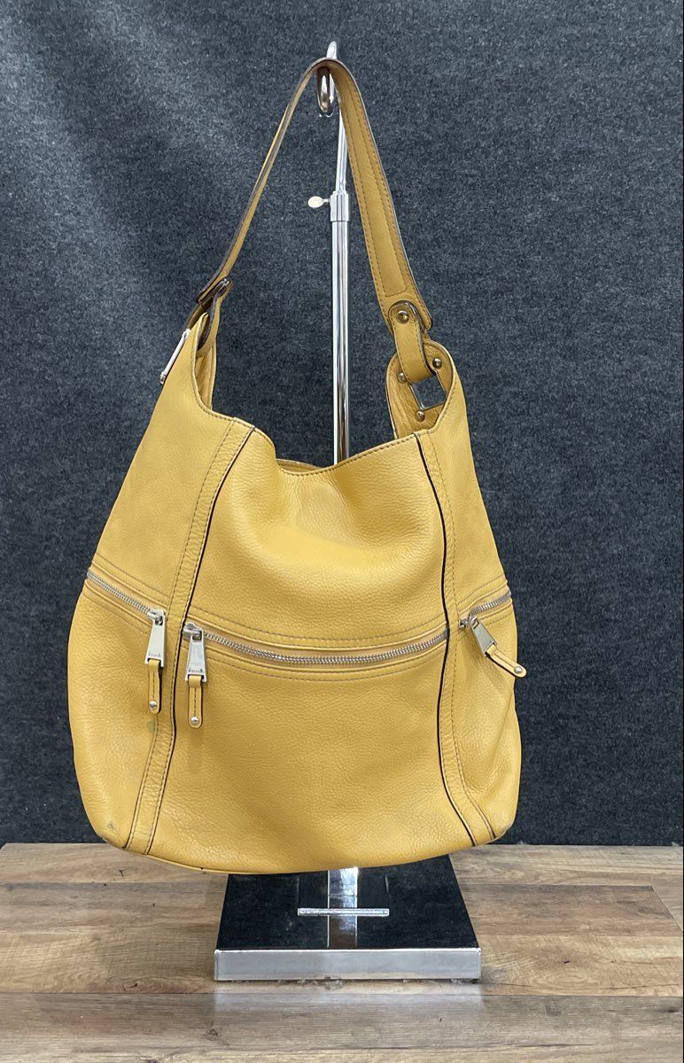 Tignanello Yellow Pebbled Leather SoHo Hobo Shoulder Bag Silver Hardware