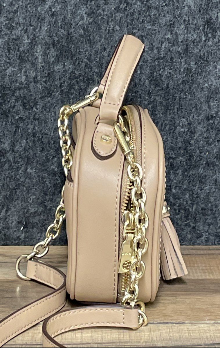DKNY Beige Leather Tassel Camera Bag Crossbody Purse Gold Hardware