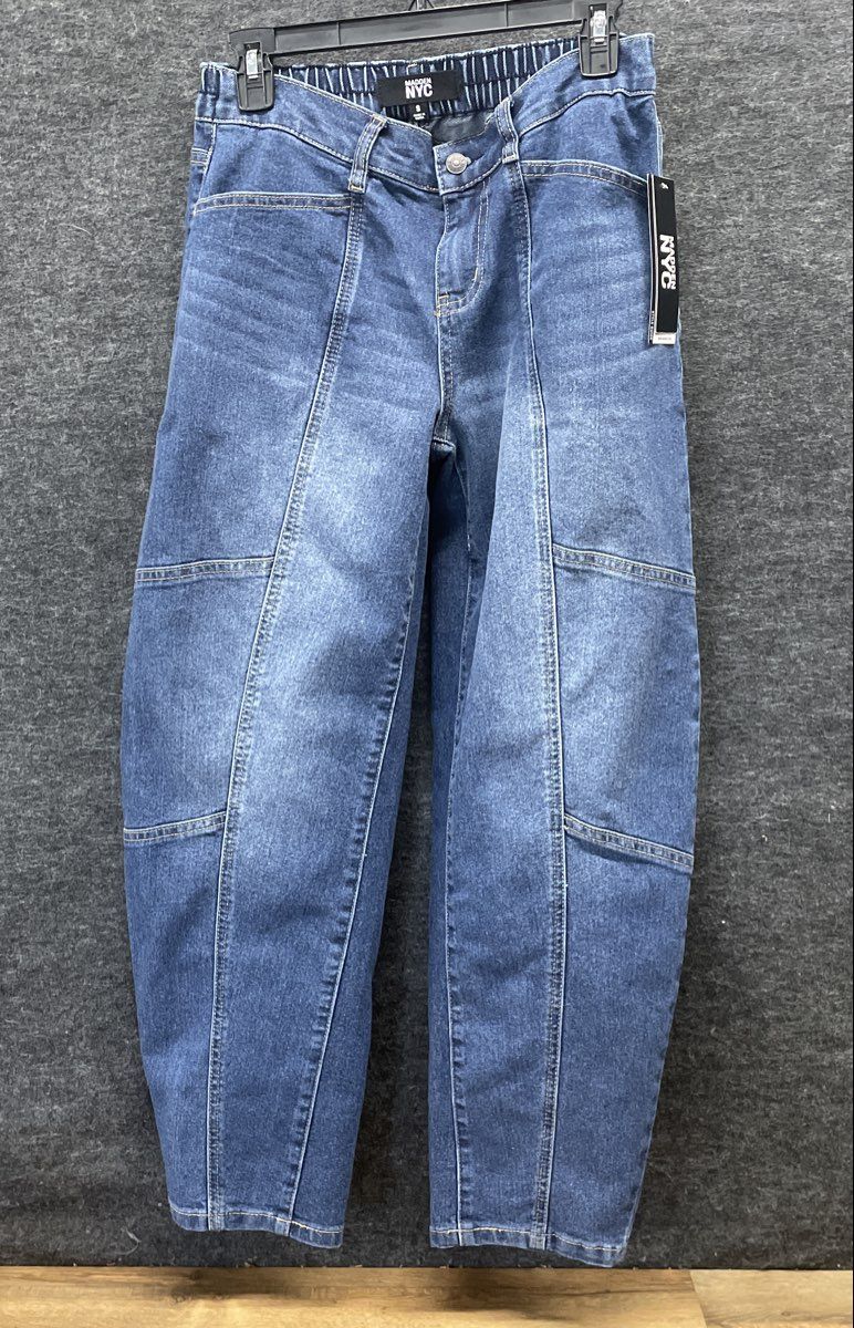 Madden NYC Women's High Rise Barrel Jeans Blue Wash Seaming Details NWT Sz S
