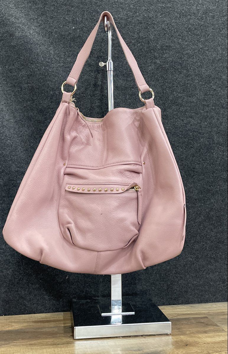 Laggo Pink Pebbled Leather Studded Hobo Shoulder Bag Gold Hardware
