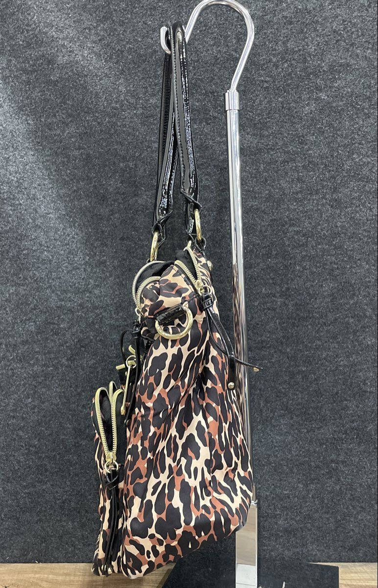Betsey Johnson Cheetah Print Fabric Satchel Tote Bag Multi-Pocket Gold Hardware