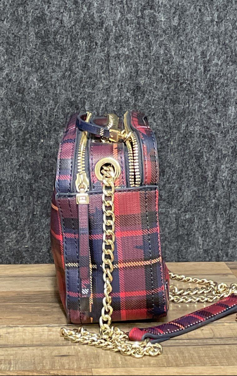 Tommy Hilfiger Red Plaid Stars Double Zip Camera Crossbody Bag Gold Hardware