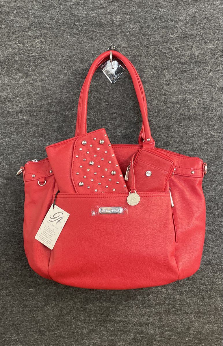 Grace Adele Red Pebbled Satchel Handbag with Studded Pouch & Wallet Set NWT