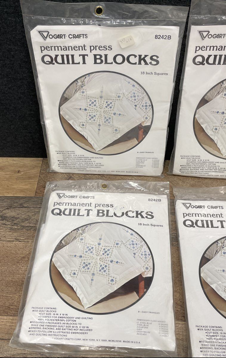 Vintage Vogart Crafts Stamped Quilt Blocks Daisy Triangles 18 Inch Sq Lot of 4