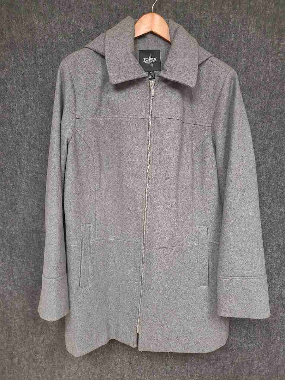 Tower by London Fog Women's Gray Wool Blend Hooded Full Zip Car Coat Size XL