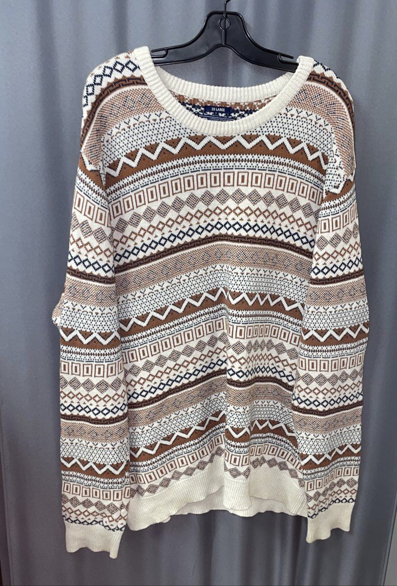American Rag Men's Brown Geometric Fair Isle Knit Crewneck Sweater Sz 3X