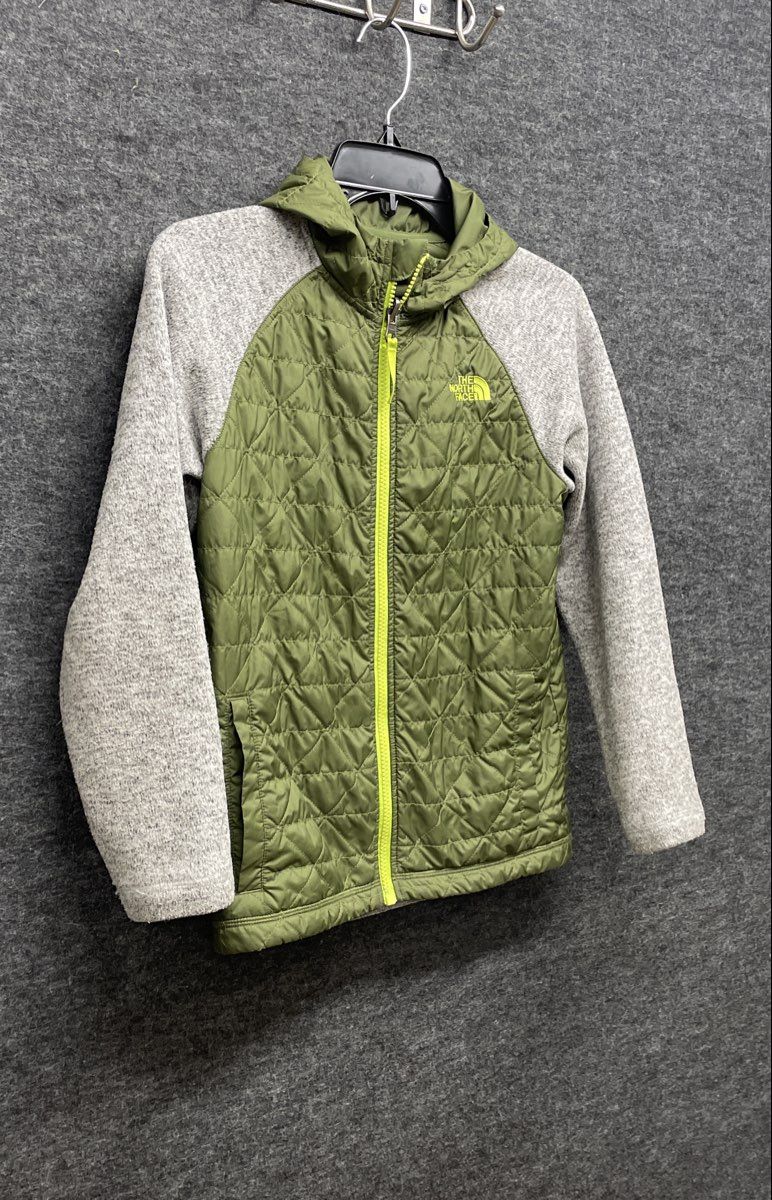 The North Face Boy's Hybrid Quilted Fleece Hooded Jacket Green Grey Sz M 10/12