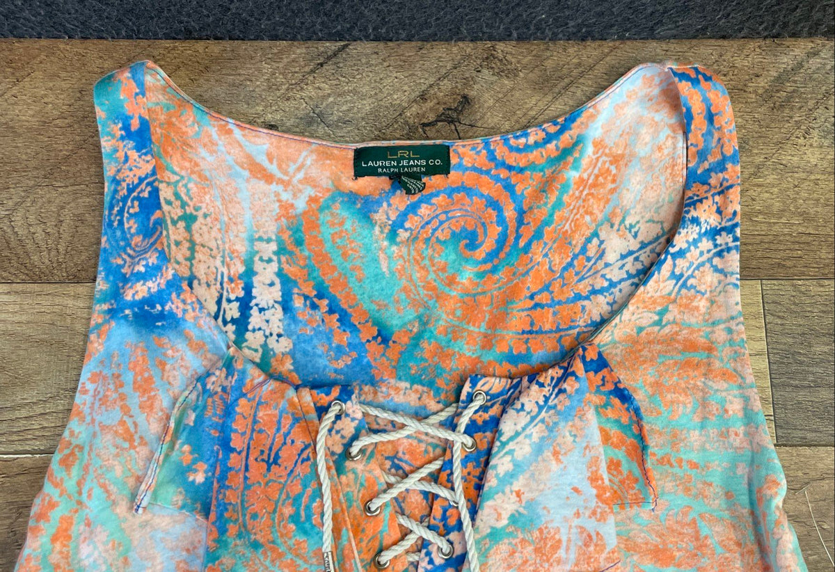 Lauren Jeans Co. Women's Paisley Ruffle Lace Up Sleeveless Cotton Dress Sz M NWT