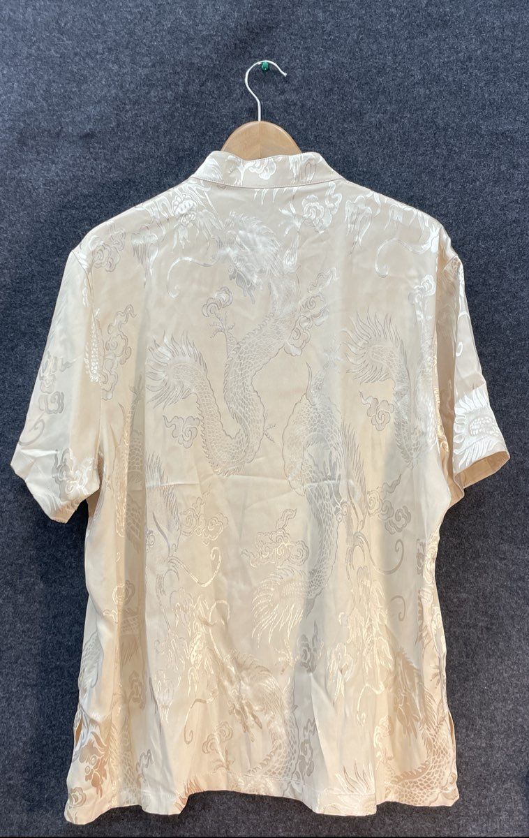 CNNIC Men's Tang Suit Cream Dragon Jacquard Short Sleeve Frog Button Sz 3XL