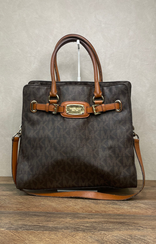 Michael Kors Brown Monogram Signature Canvas Satchel Handbag Gold Hardware