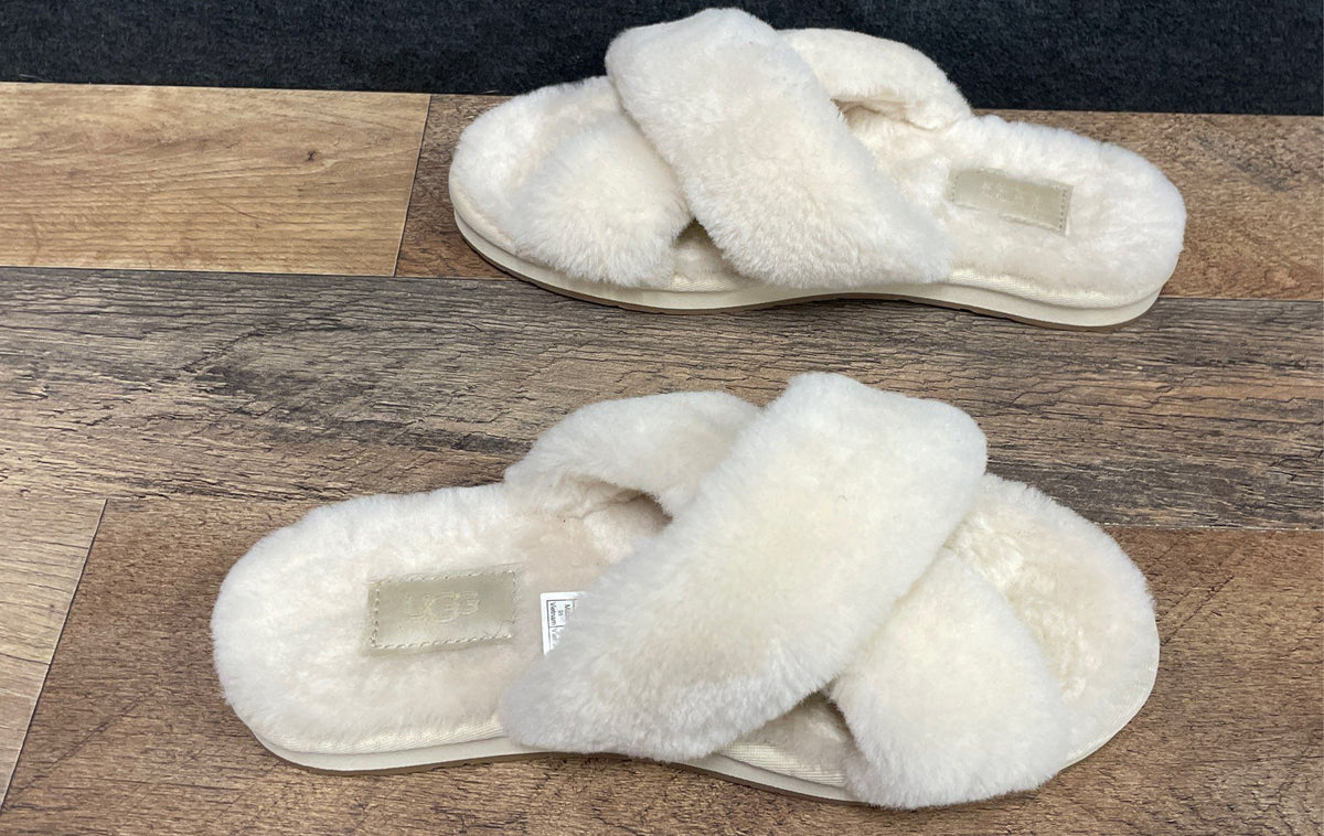 UGG Abela Natural Cream Fluffy Cross-Strap Slide Slippers Women's Size 8