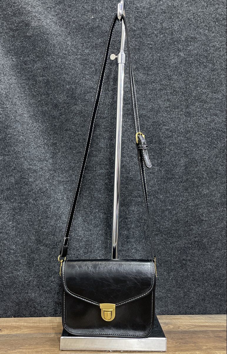 Black Leather Crossbody Bag Gold Hardware White Contrast Stitching Small
