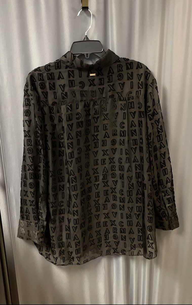 Armani Exchange Women's Black Sheer Logo Flocked Devore Button Up Shirt Sz L