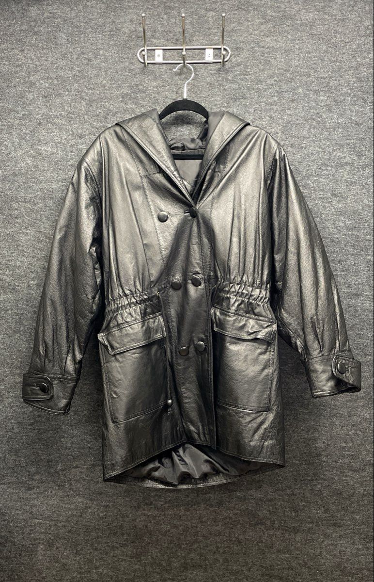 Vintage 90s Fitz Wright Women's Black Hooded Leather Parka Coat Sz L