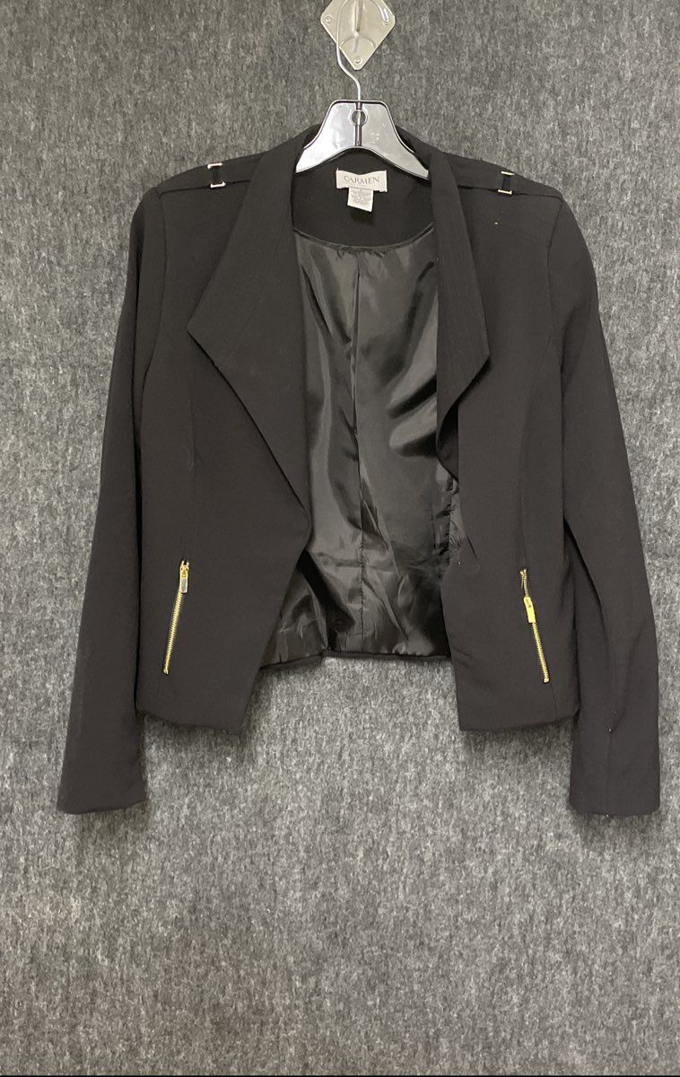 Carmen Marc Valvo Women's Black Open Front Blazer Gold Zipper Epaulettes Sz 6