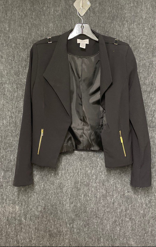 Carmen Marc Valvo Women's Black Open Front Blazer Gold Zipper Epaulettes Sz 6