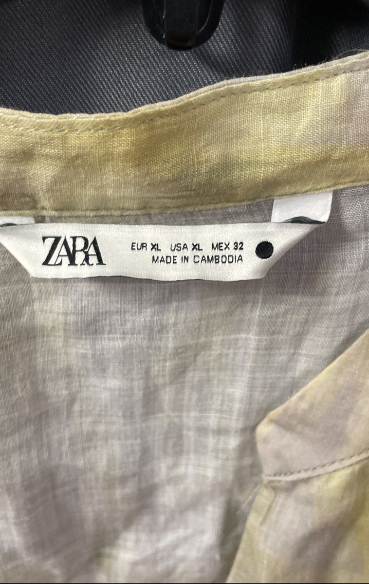 Zara Women's 2-Piece Set Yellow Gray Watercolor Shirt Wide Leg Pants Sz XL