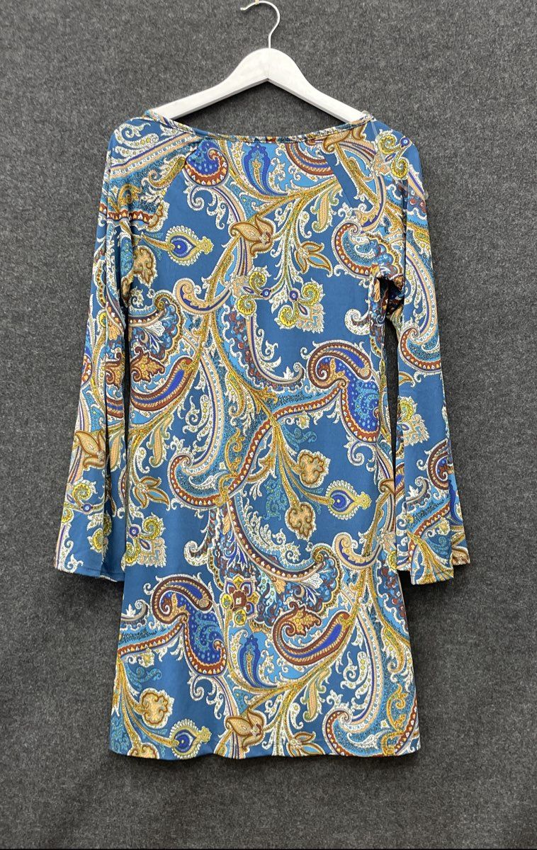 Chiasso Women's Blue Multicolor Paisley Bell Sleeve Boat Neck Mini Dress Sz S