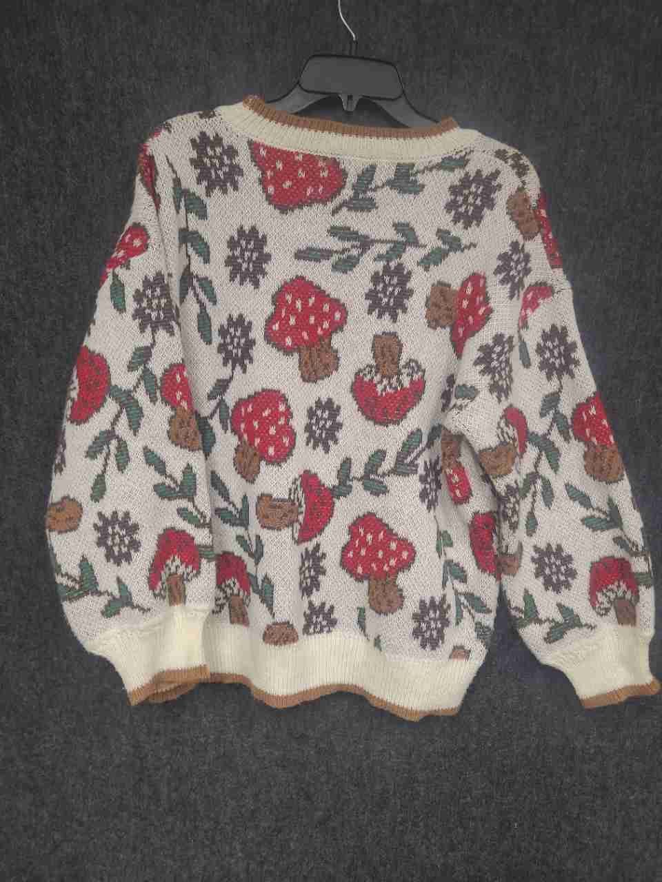 Romwe Women's Sweater Cream Red Mushroom Botanical Graphic Crewneck Size 0XL