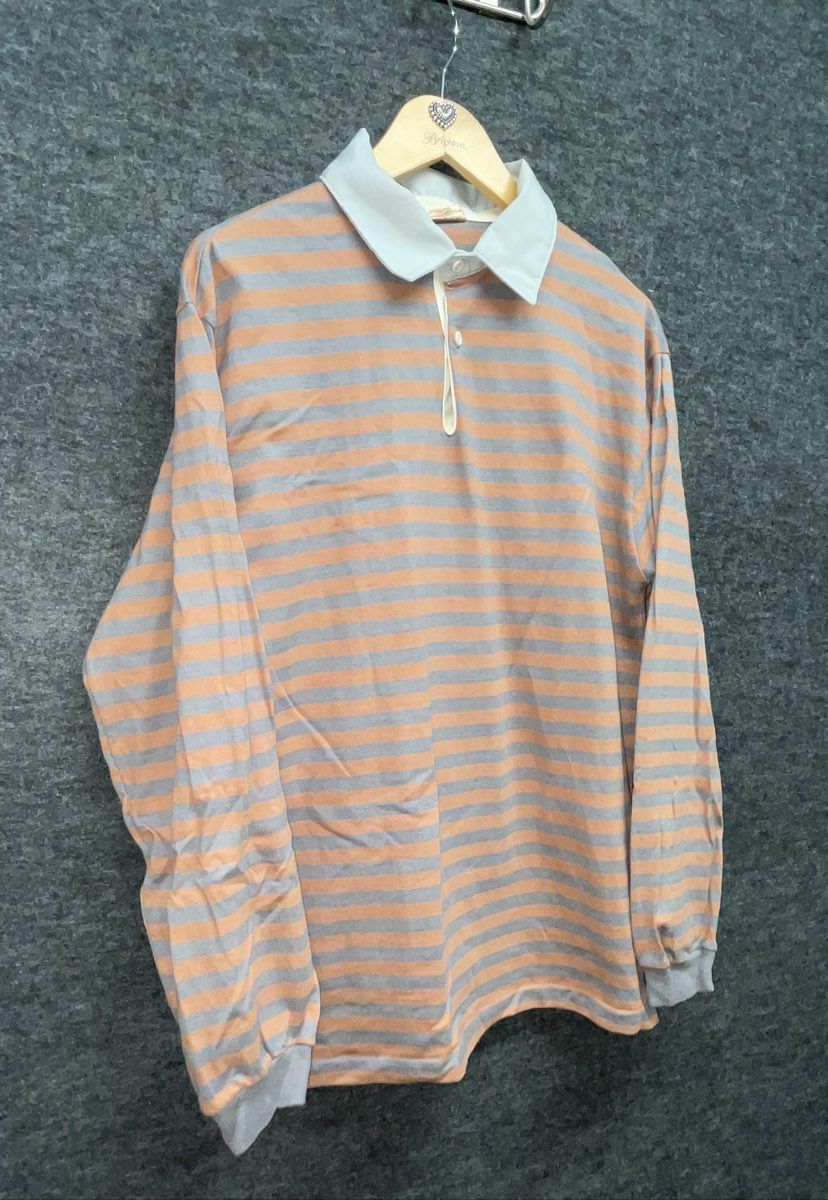 Vintage 90s Bob n Jane Striped Long Sleeve Rugby Shirt Gray Orange Sz M