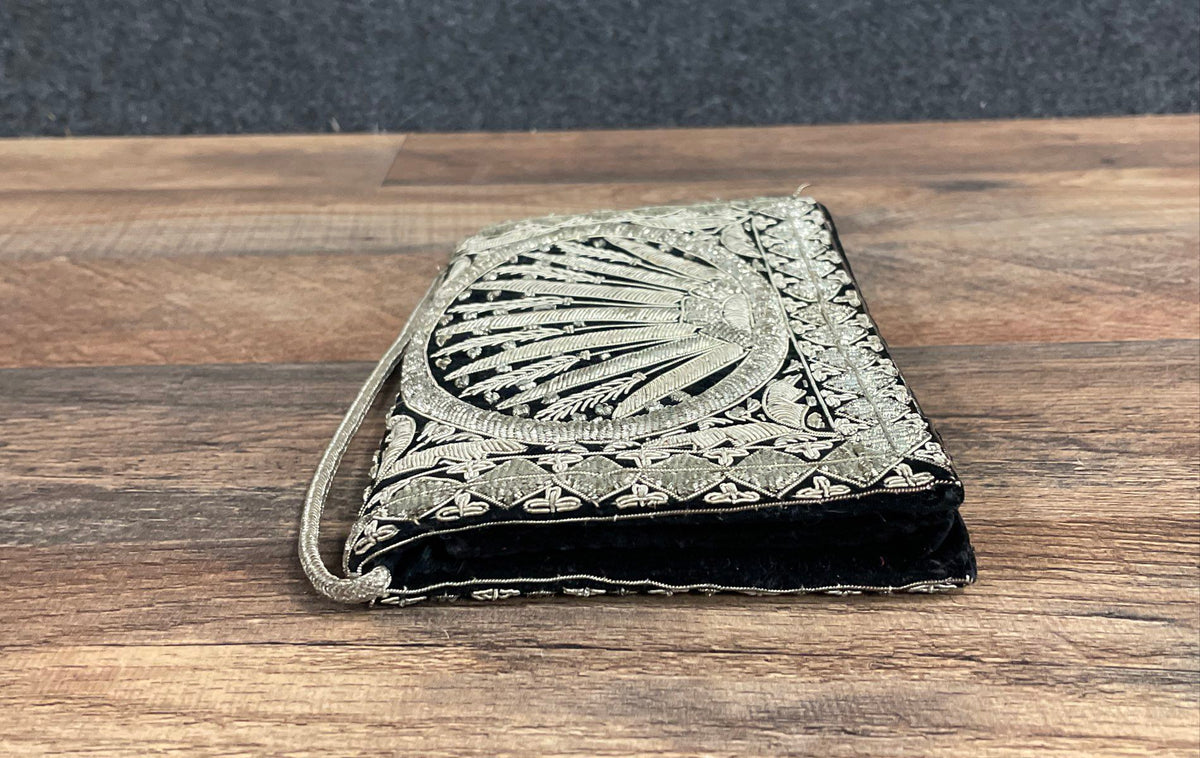 Vintage Black Velvet Hand Embroidered Zardozi Clutch Bag India Silver Metallic