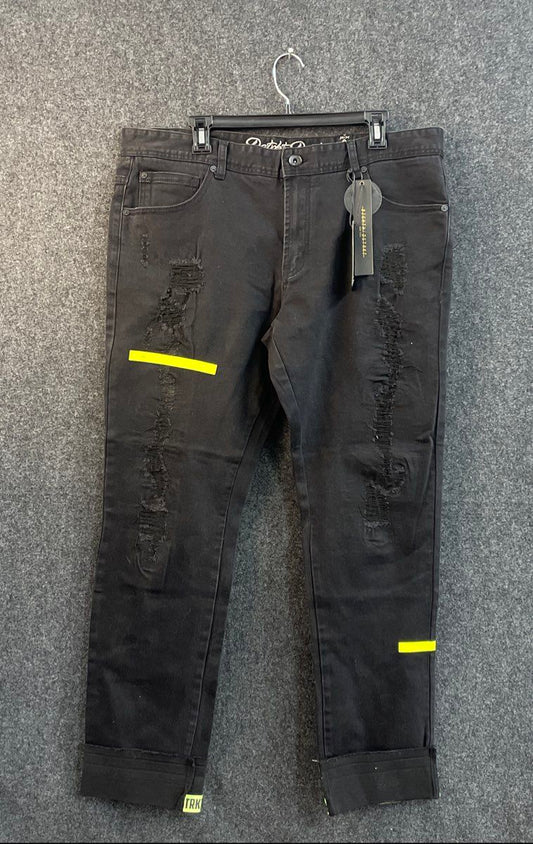 District Denim Men's Black Distressed Yellow Tape Jeans Pants NWT 38x34